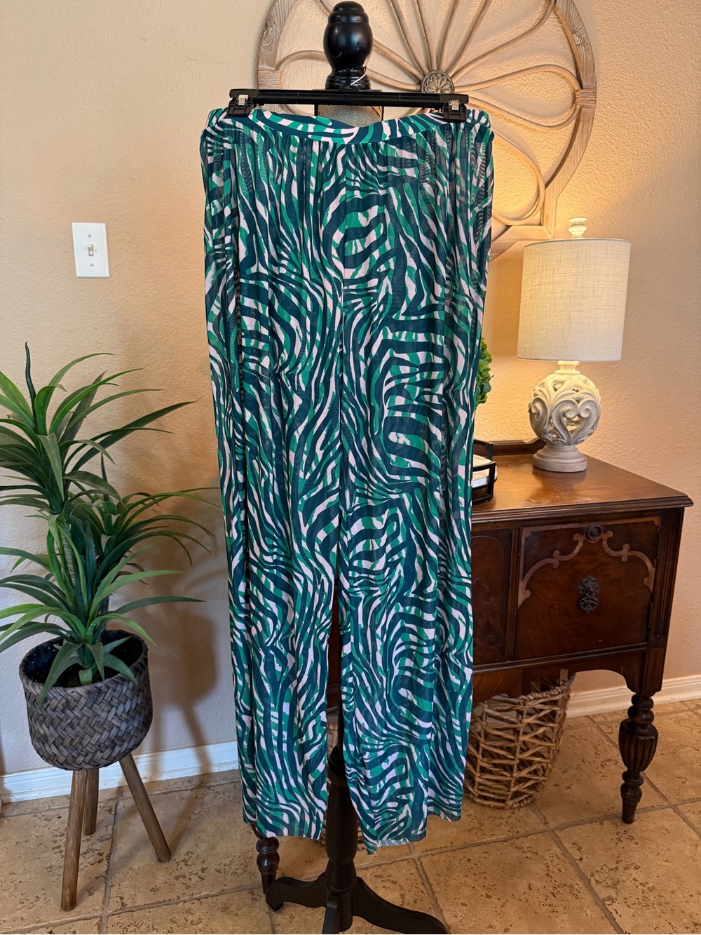 Green, Navy & Pink Tropical Pattern Sheer Swim Cover Up Pants